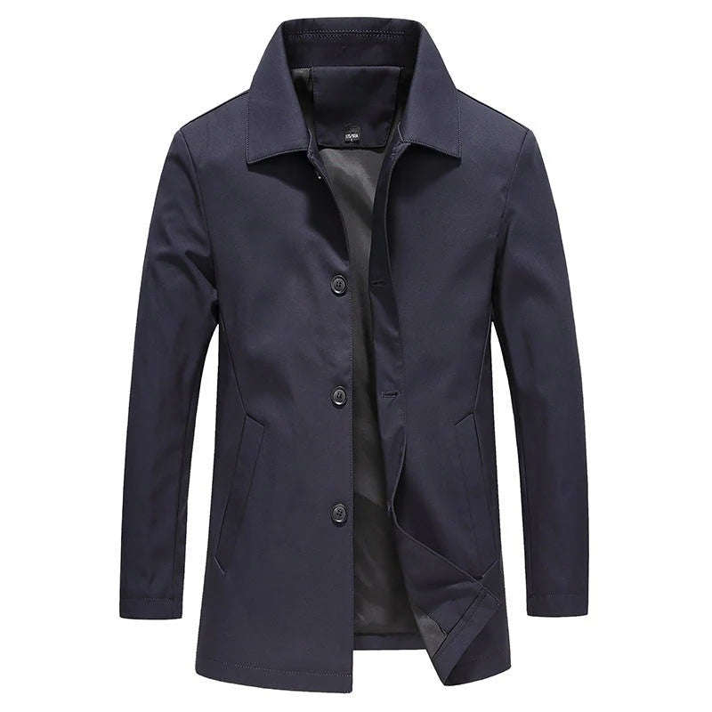 Side view of men's mid-length coat with functional pockets and clean lines