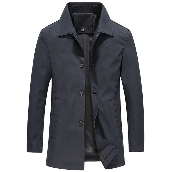 Full-length view of men's tailored coat demonstrating mid-length silhouette and regular fit