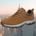 Men's walking trainers in tan with suede-effect upper and chunky tread sole for outdoor wear