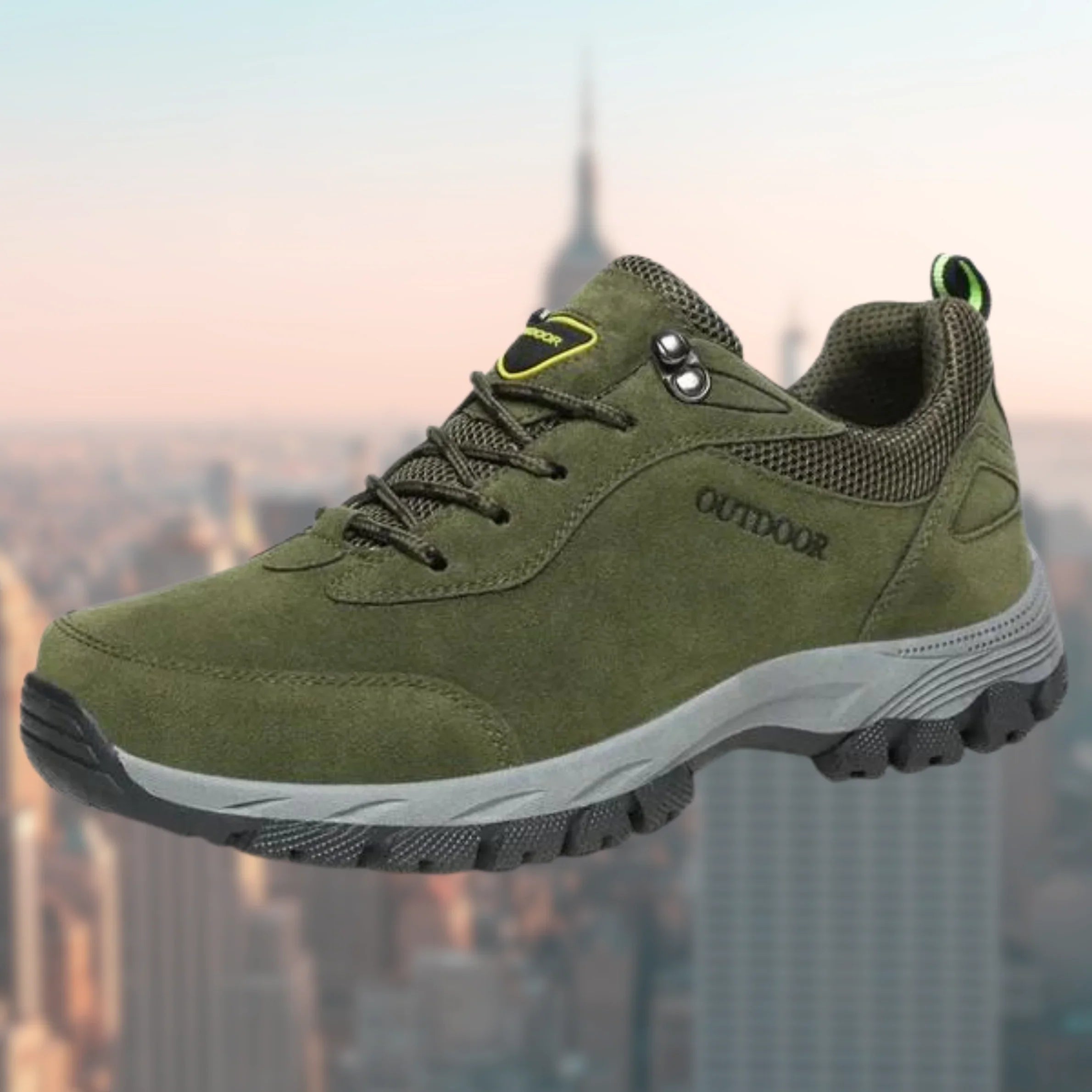 Side view of men's walking trainers showing lace-up closure and mesh heel panel detail
