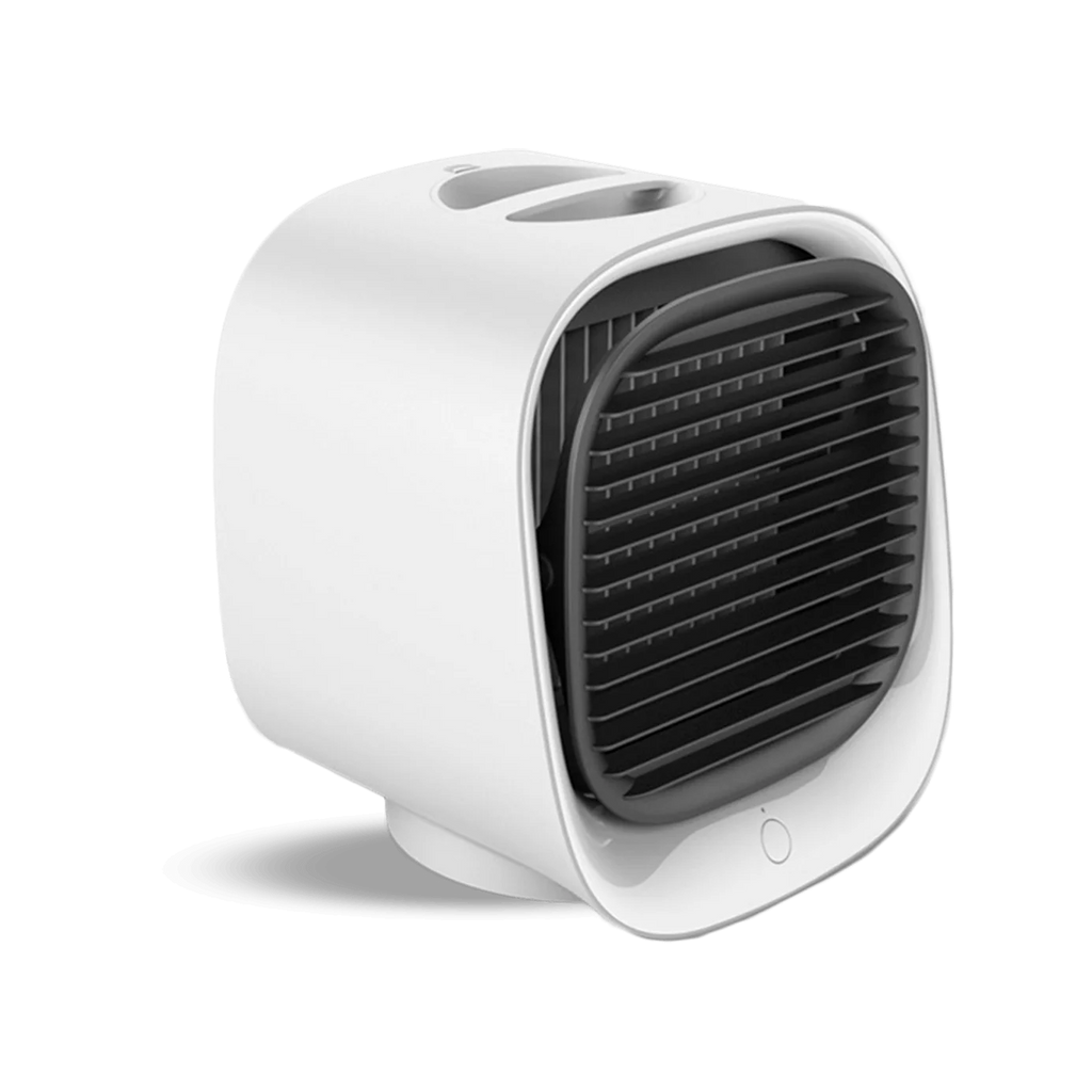 White portable personal air cooler with dark grey front vents and top water reservoir openings on black background