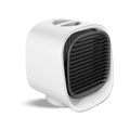 White portable personal air cooler with dark grey front vents and top water reservoir openings on black background
