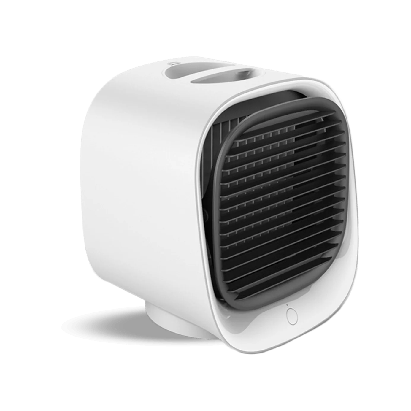 White portable personal air cooler with dark grey front vents and top water reservoir openings on black background
