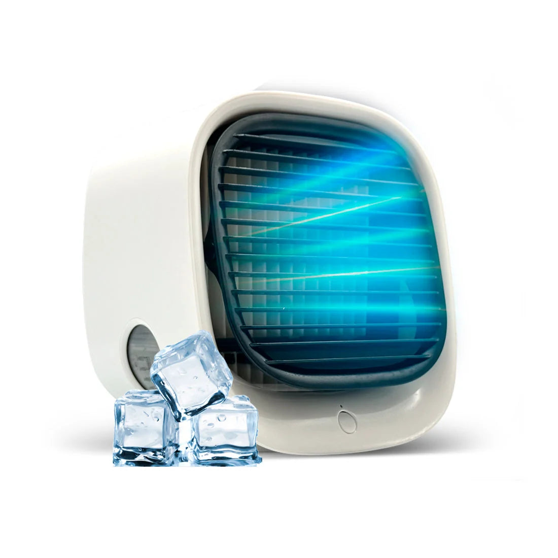 Cube-shaped personal air cooler featuring minimalist control panel and horizontal vent design for desk placement