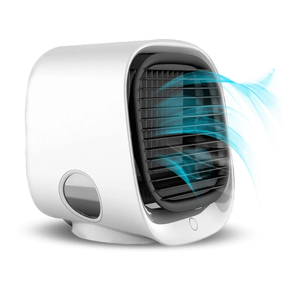 Compact evaporative cooling fan with modern housing and quiet operation for personal temperature control zones