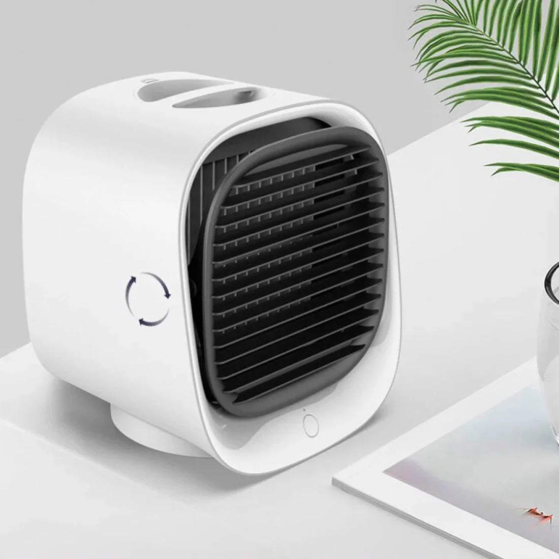 Personal air cooling unit with horizontal ventilation grille and USB-C power connection for portable temperature control