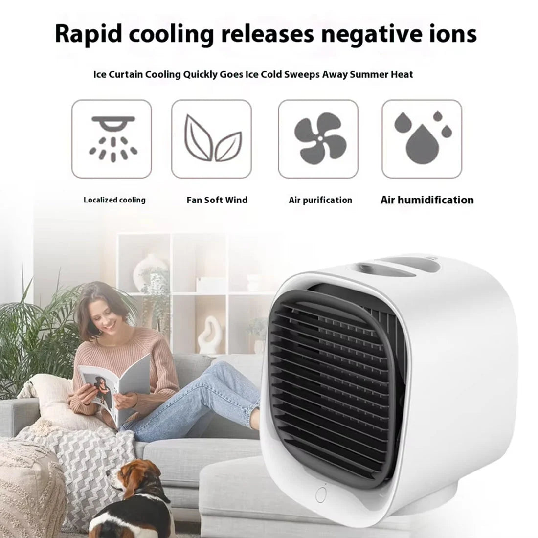 Portable desktop air cooler showing front airflow vents and minimalist white housing design for bedroom or office