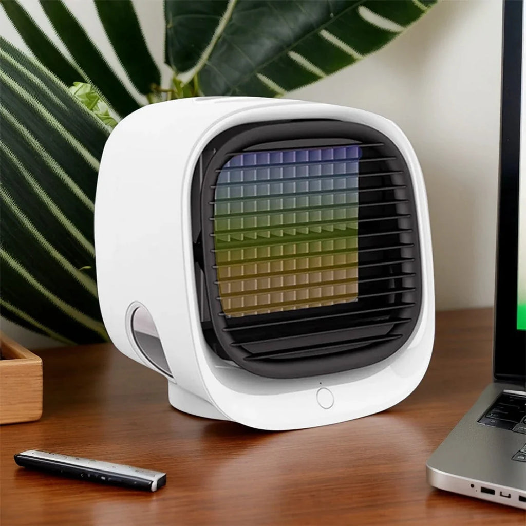 Portable personal air conditioner with evaporative cooling technology and single-button operation for home office use