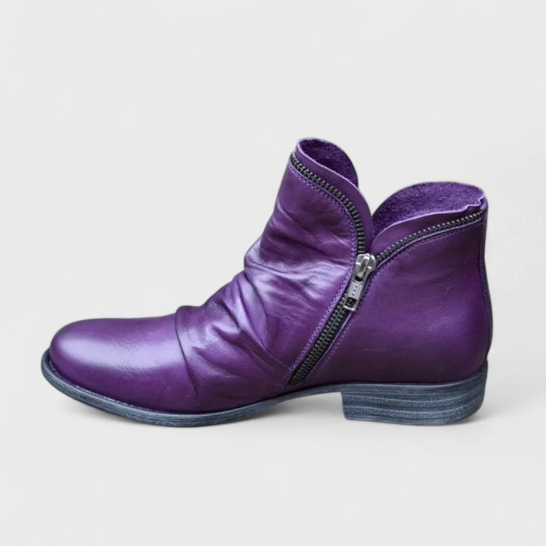 Women's ankle boots with side zip fastening and ruched leather-look finish in deep purple