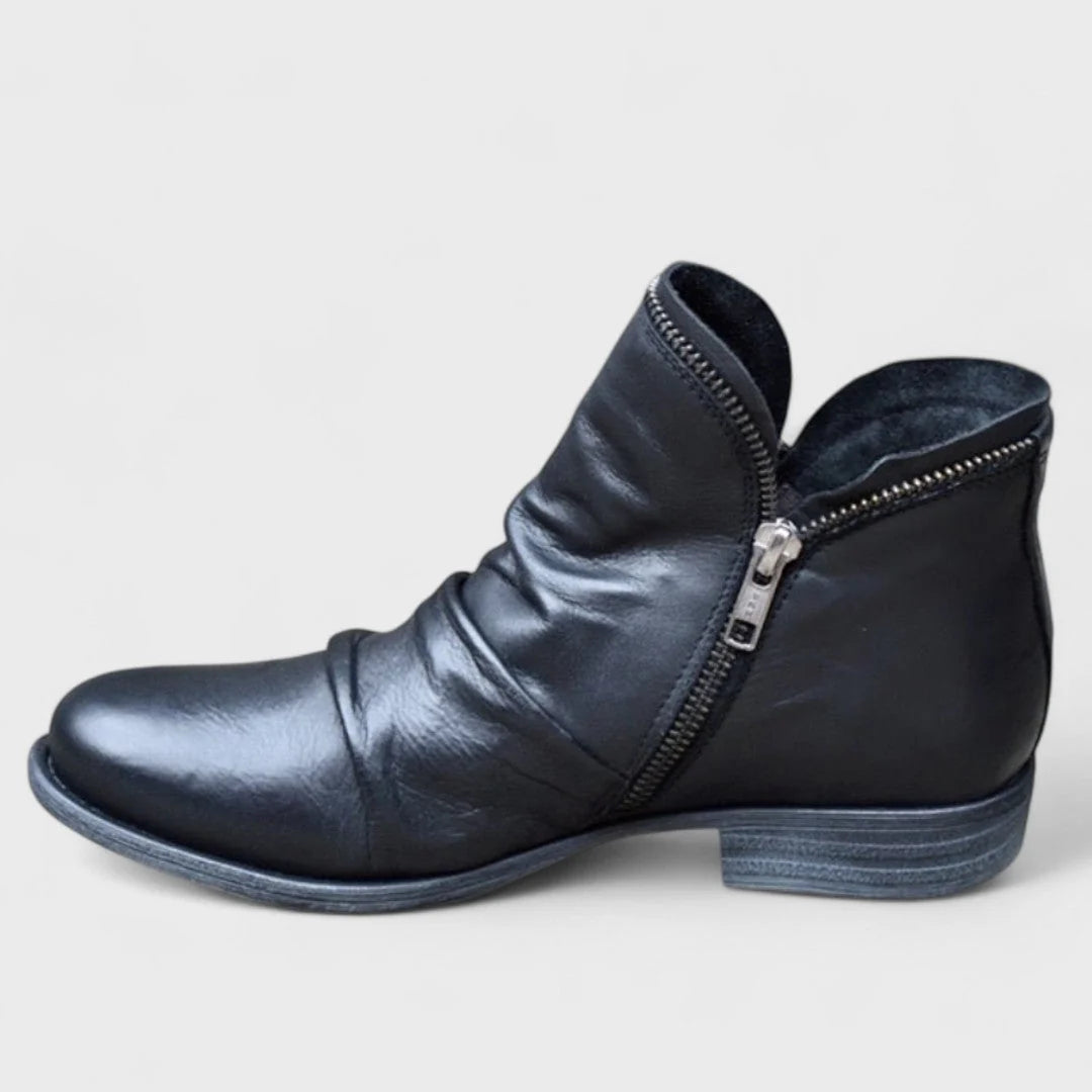Side view of women's ankle boots showing zip detail and low stacked heel