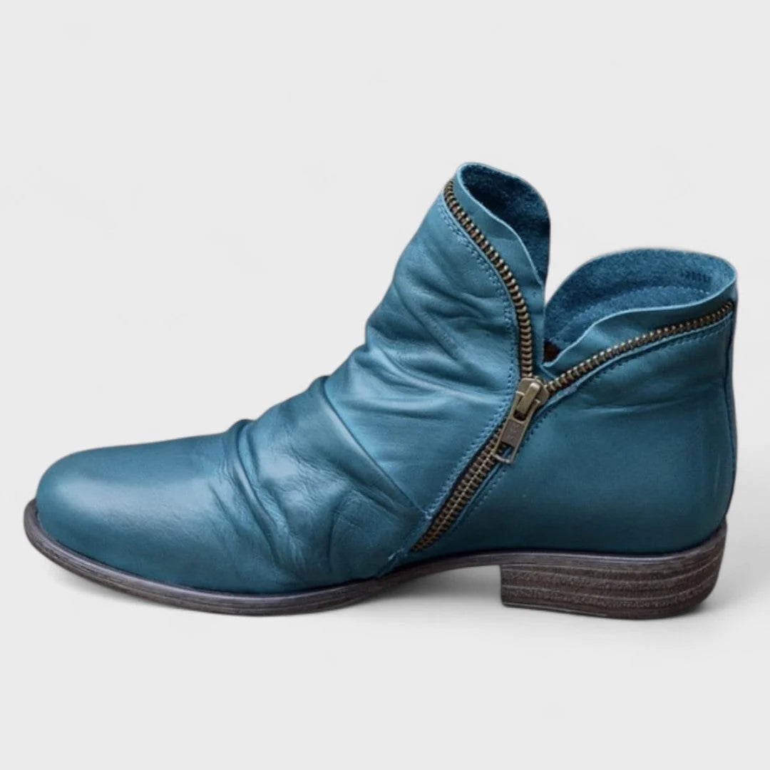 Women's ruched ankle boots with rounded toe and contrast stitching detail