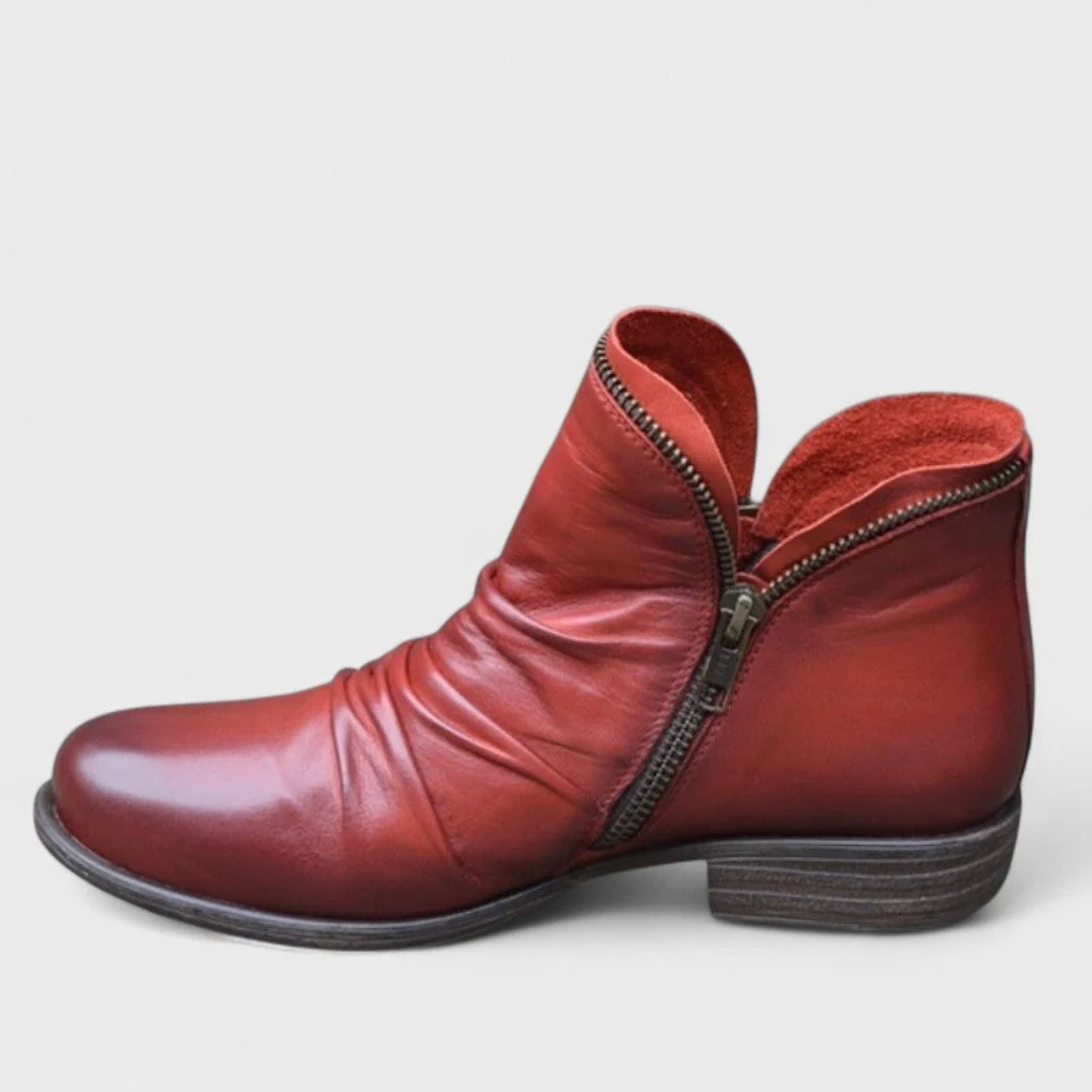 Close-up of side zip fastening on women's ankle boots with smooth finish