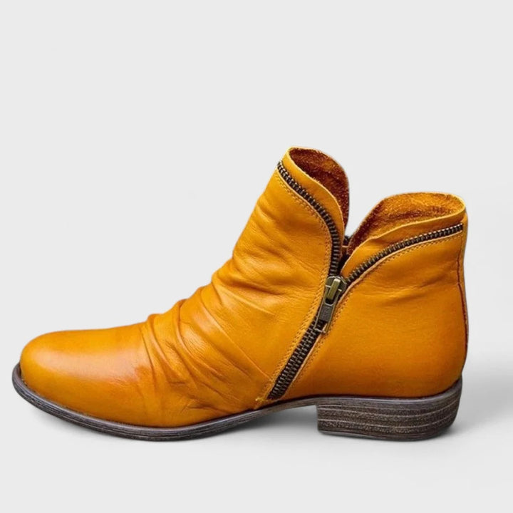 Women's ankle boots styled from above showing low heel and structured silhouette