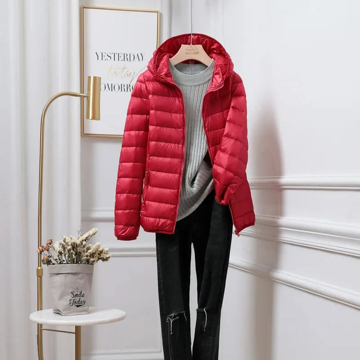 Slim fit puffer jacket full outfit styling with jeans for everyday commuting