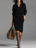 Side view of relaxed-fit ribbed jumper dress with long sleeves and straight hem