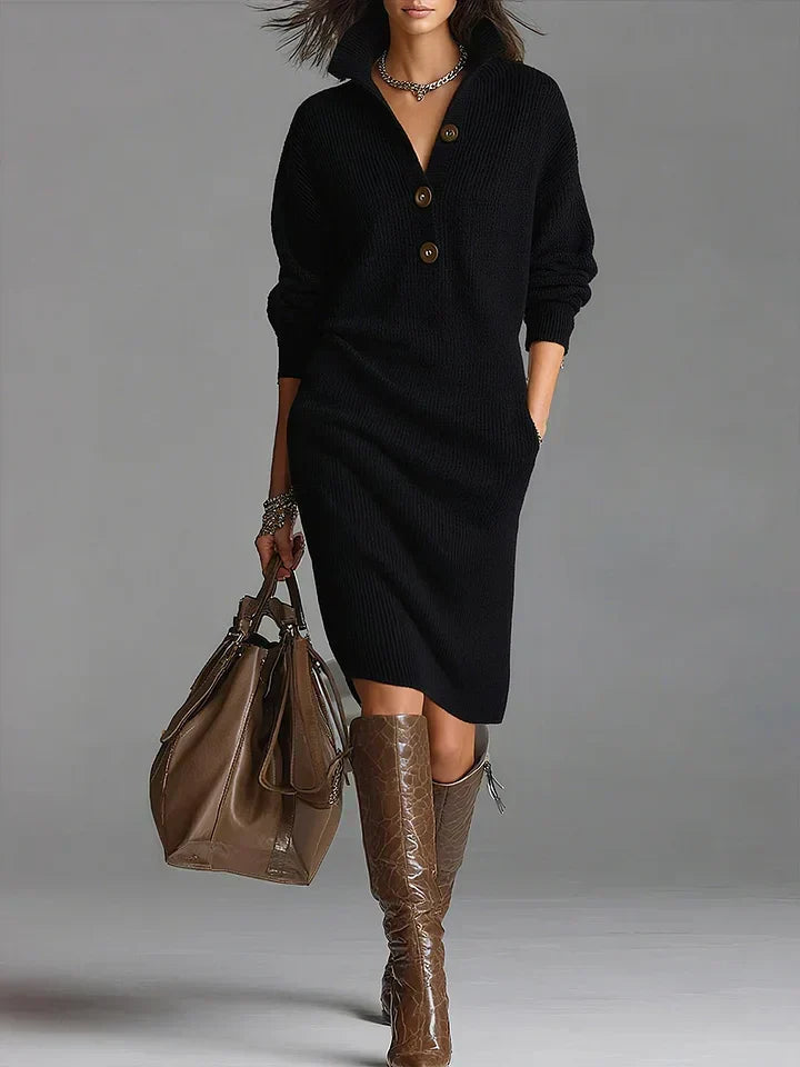 Side view of relaxed-fit ribbed jumper dress with long sleeves and straight hem