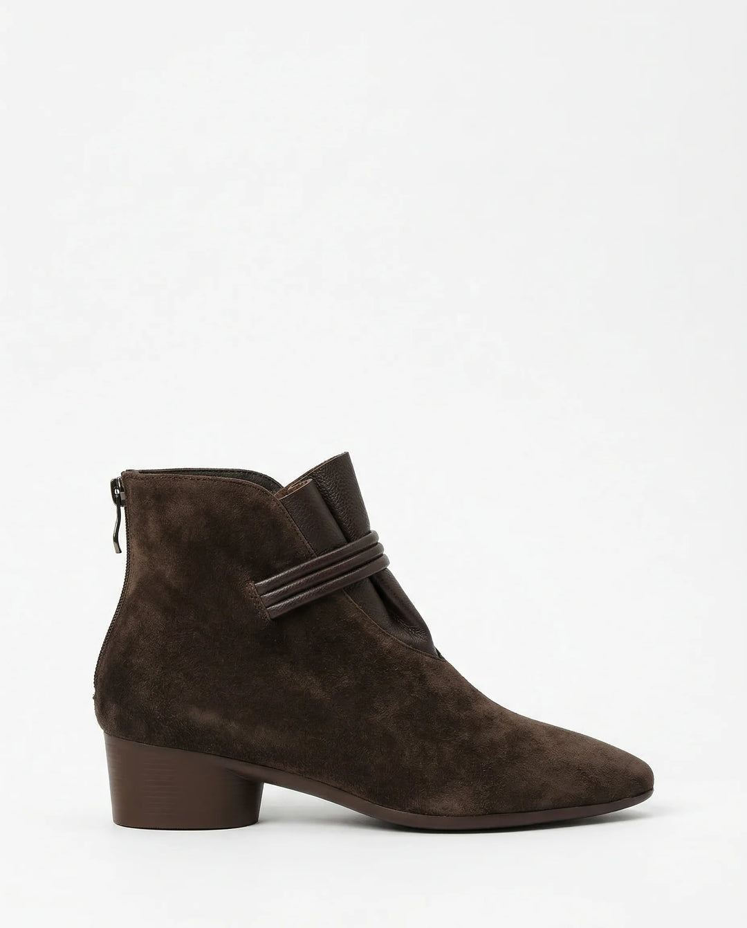 Charlotte women's suede ankle boots in dark brown with pointed toe and low block heel