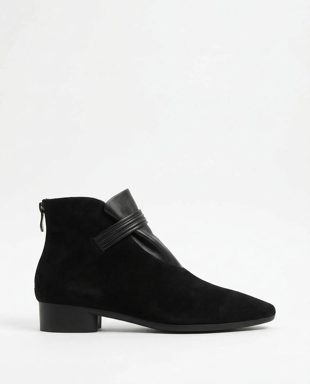 Side view of women's suede ankle boots showing side-zip closure and block heel detail