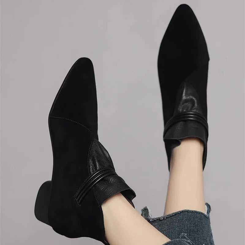 Close-up of suede material and smooth finish on ankle boots