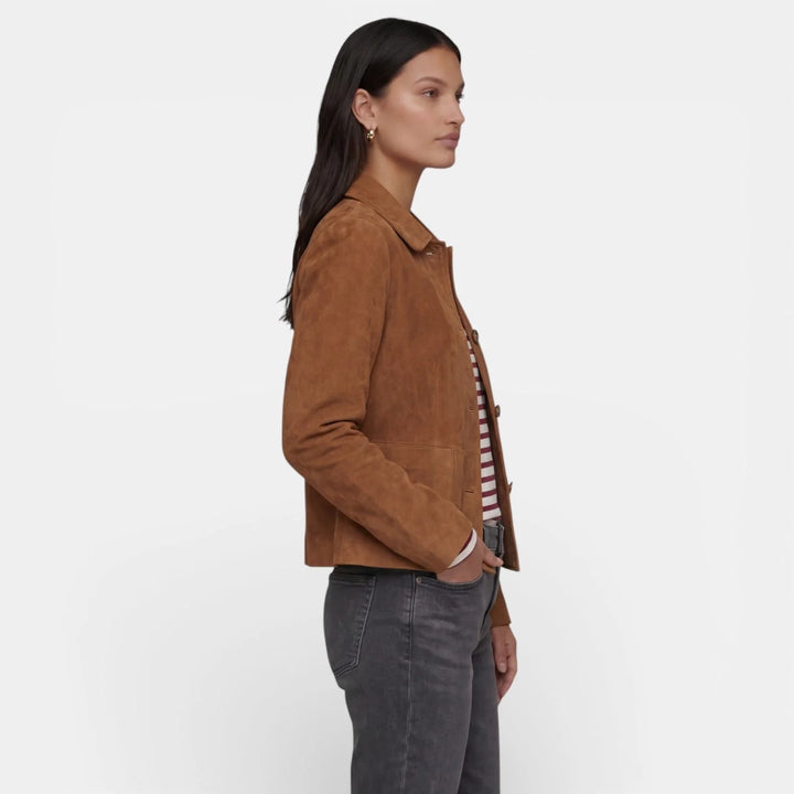 Close-up view of women's brown suede jacket showing soft-touch fabric finish and button detail