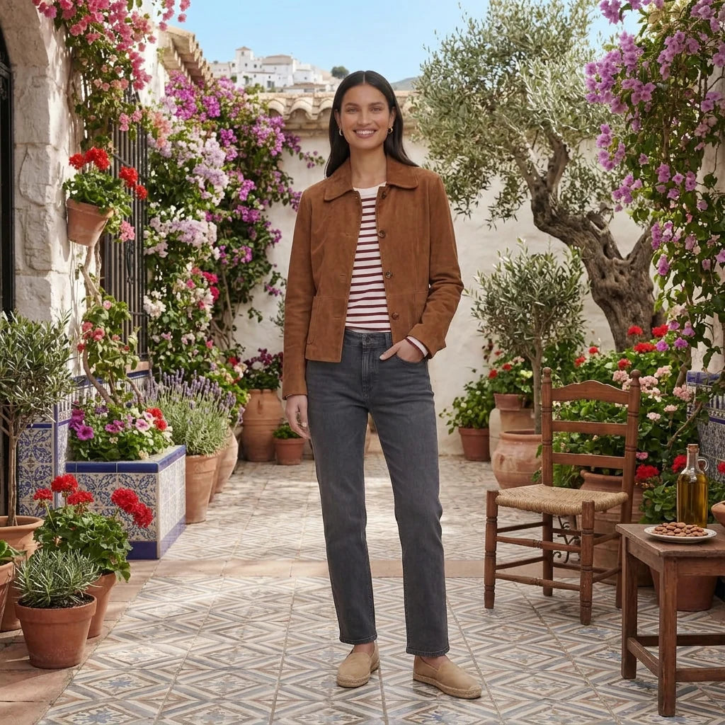 Women's suede jacket in brown layered over casual outfit showing versatile styling for everyday wear