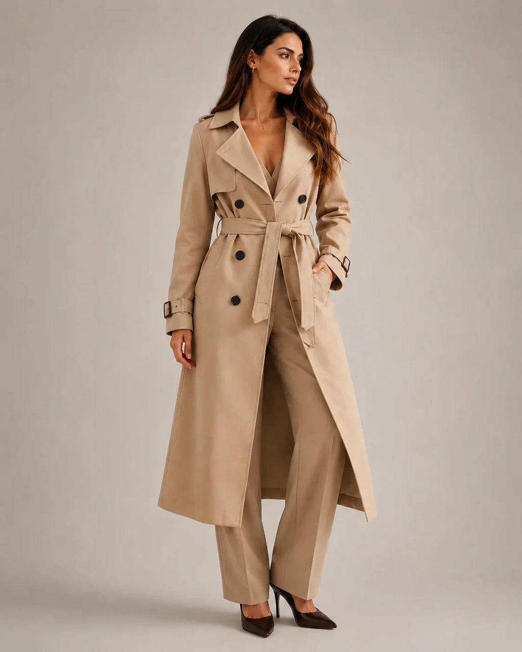 Women's belted trench coat in beige with longline silhouette and double-breasted front detail