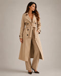 Women's belted trench coat in beige with longline silhouette and double-breasted front detail