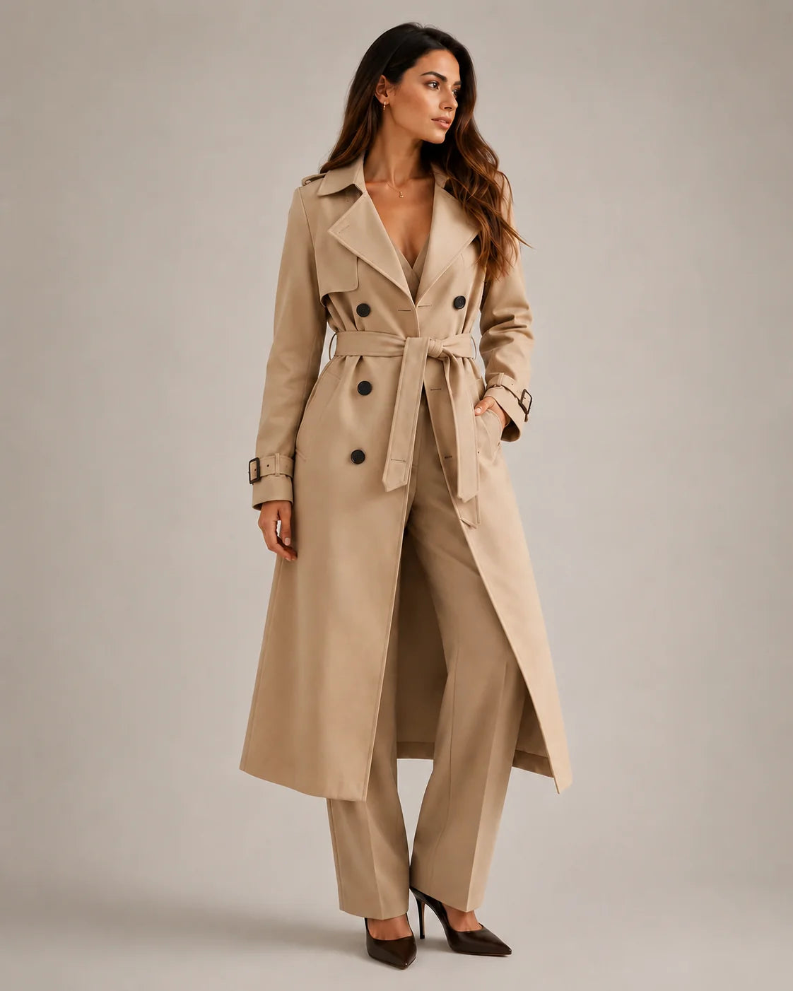 Women's belted trench coat in beige with longline silhouette and double-breasted front detail