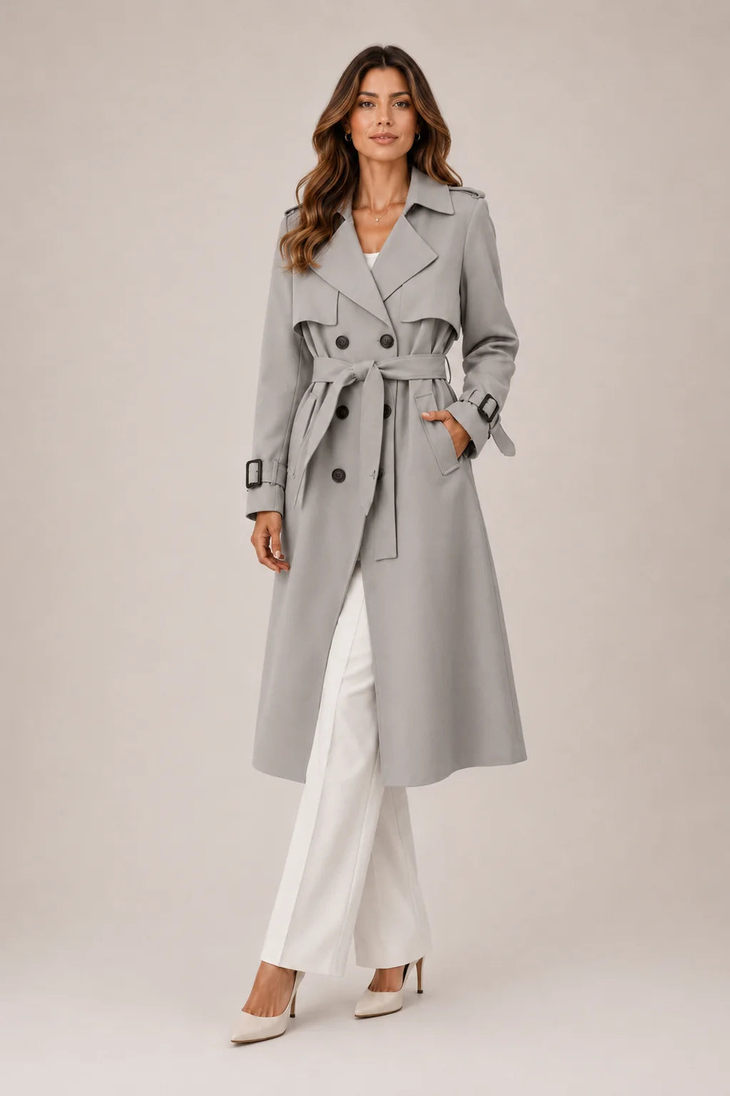 Women's double-breasted trench coat with self-tie belt and side pockets for everyday wear