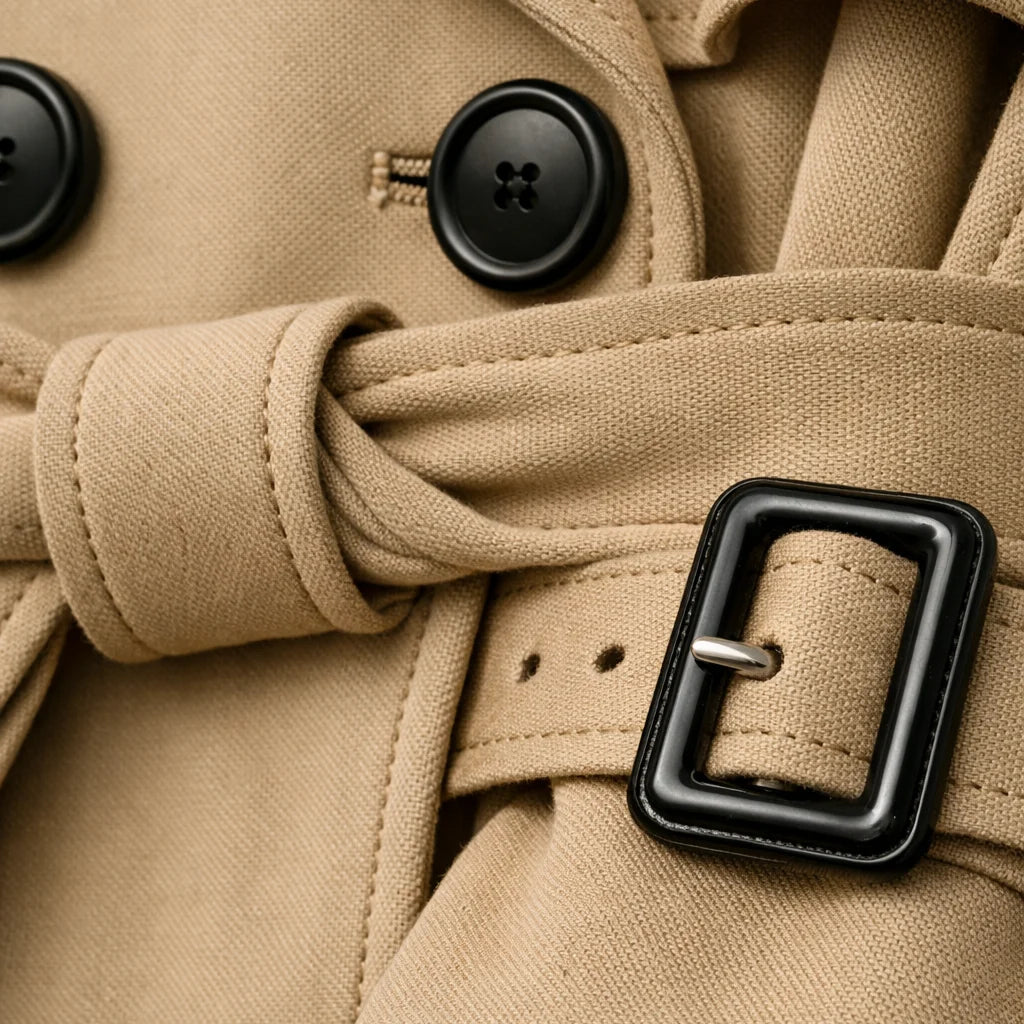 Belted trench coat in beige showing classic tailored cut and polished finish