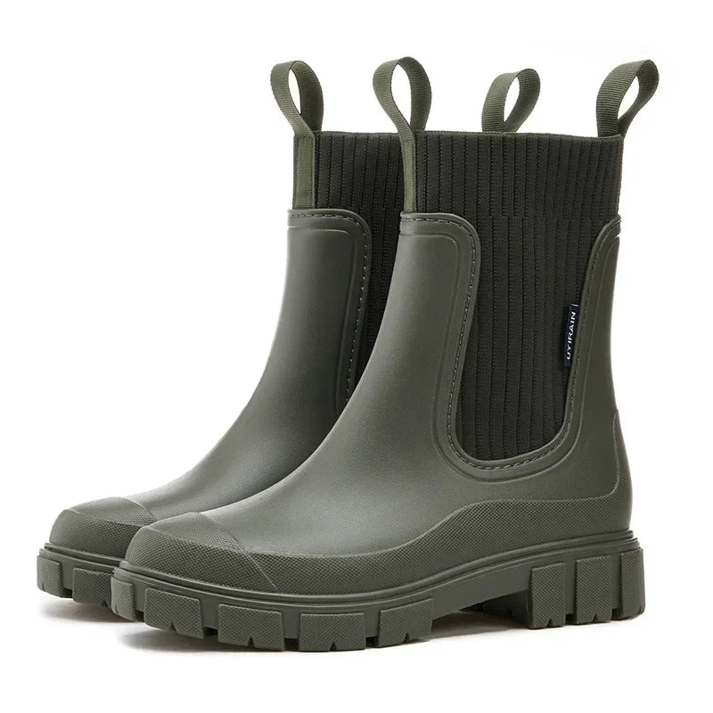 Women's Chelsea rain boots in olive green with ribbed knit collar and elasticated sides