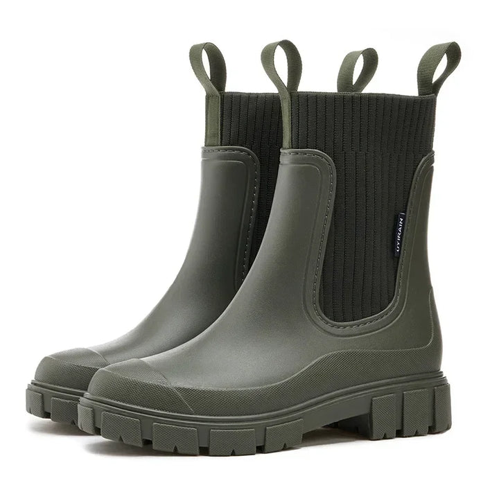 Women's Chelsea rain boots in olive green with ribbed knit collar and elasticated sides