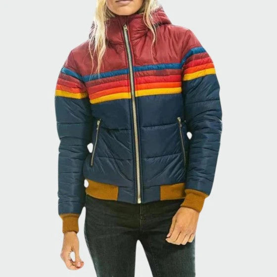 Women's colour block puffer jacket in navy with burgundy, blue, orange, and yellow stripes across chest and shoulders