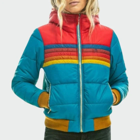 Close-up view of colour block puffer jacket showing horizontal stripe detailing and quilted padding construction