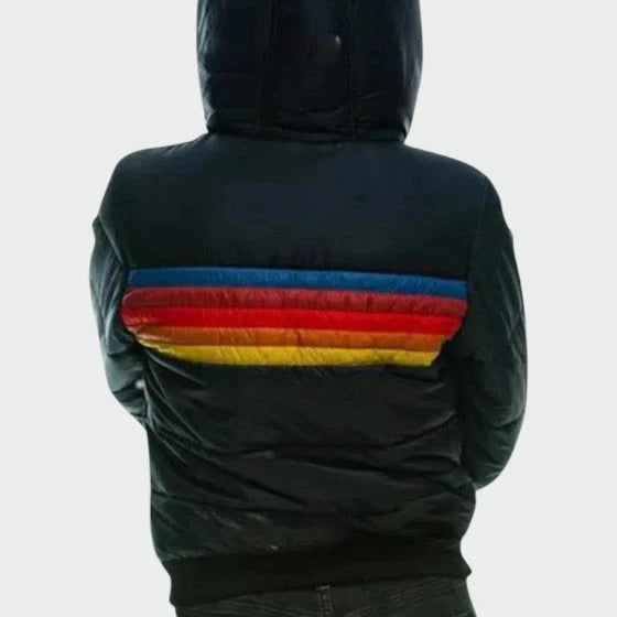 Back view of colour block puffer jacket showing retro stripe pattern and bomber silhouette