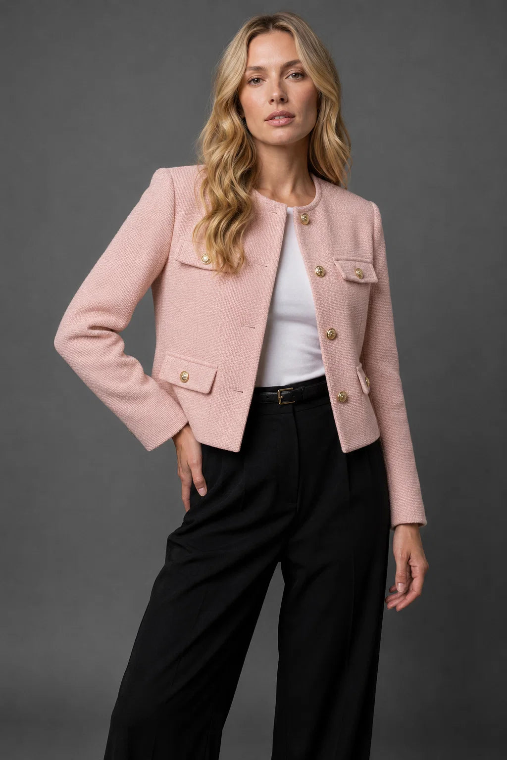 Women's cropped tweed blazer with refined tailored silhouette