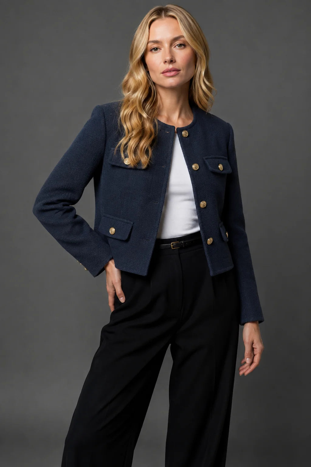 Smart casual cropped blazer in light blue tweed fabric