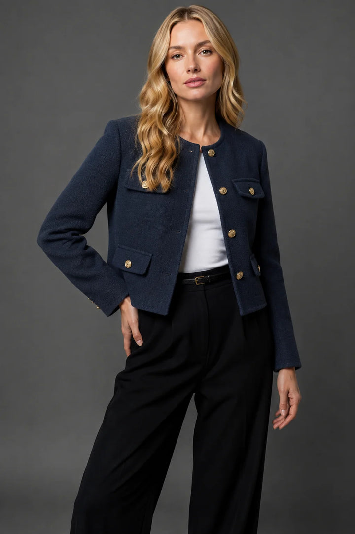 Smart casual cropped blazer in light blue tweed fabric