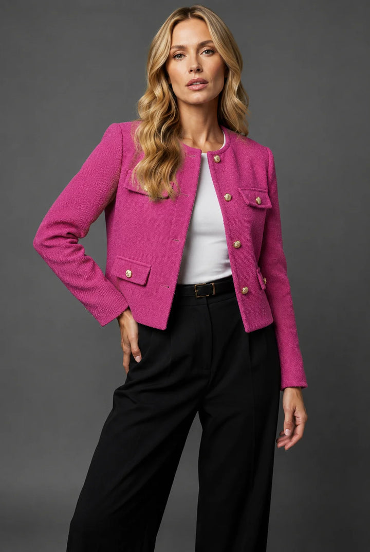 Tailored cropped tweed blazer with collarless neckline and gold hardware