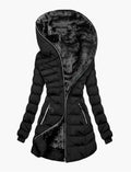 Women's quilted puffer jacket in black with oversized collar and asymmetric zip closure