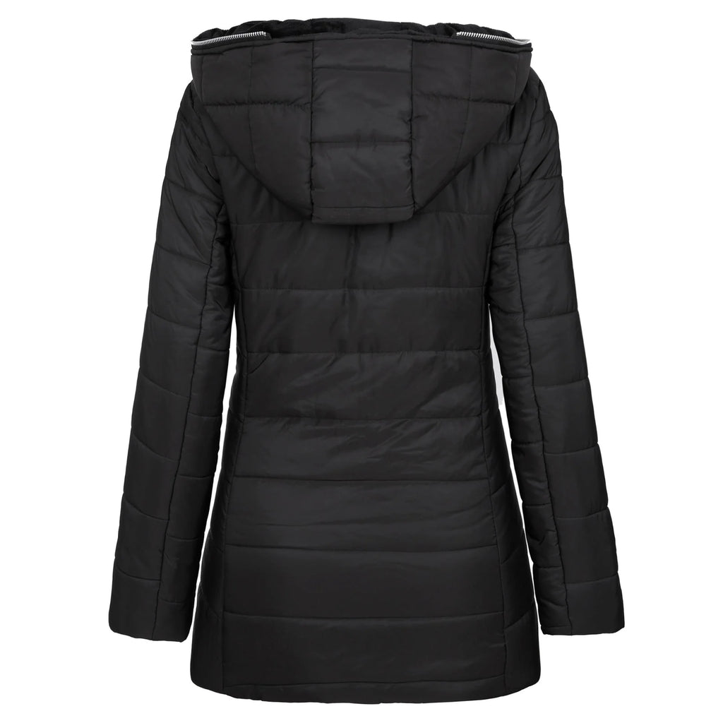 Side view of women's puffer jacket featuring zip pockets and mid-thigh length silhouette