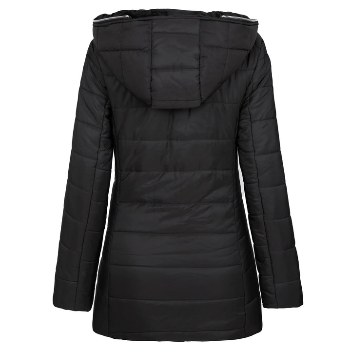 Side view of women's puffer jacket featuring zip pockets and mid-thigh length silhouette