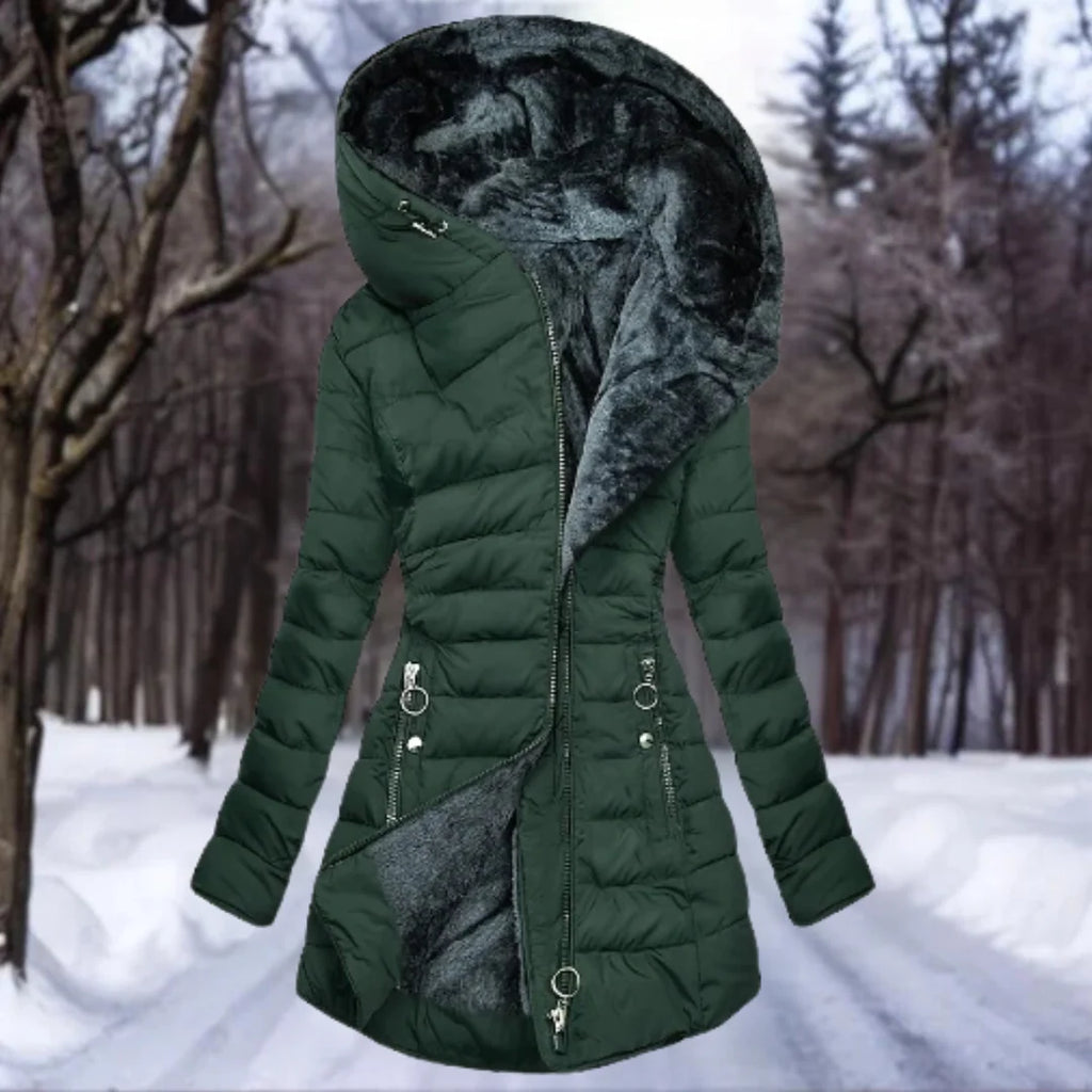 Detail of oversized collar on women's quilted puffer jacket with asymmetric zip front