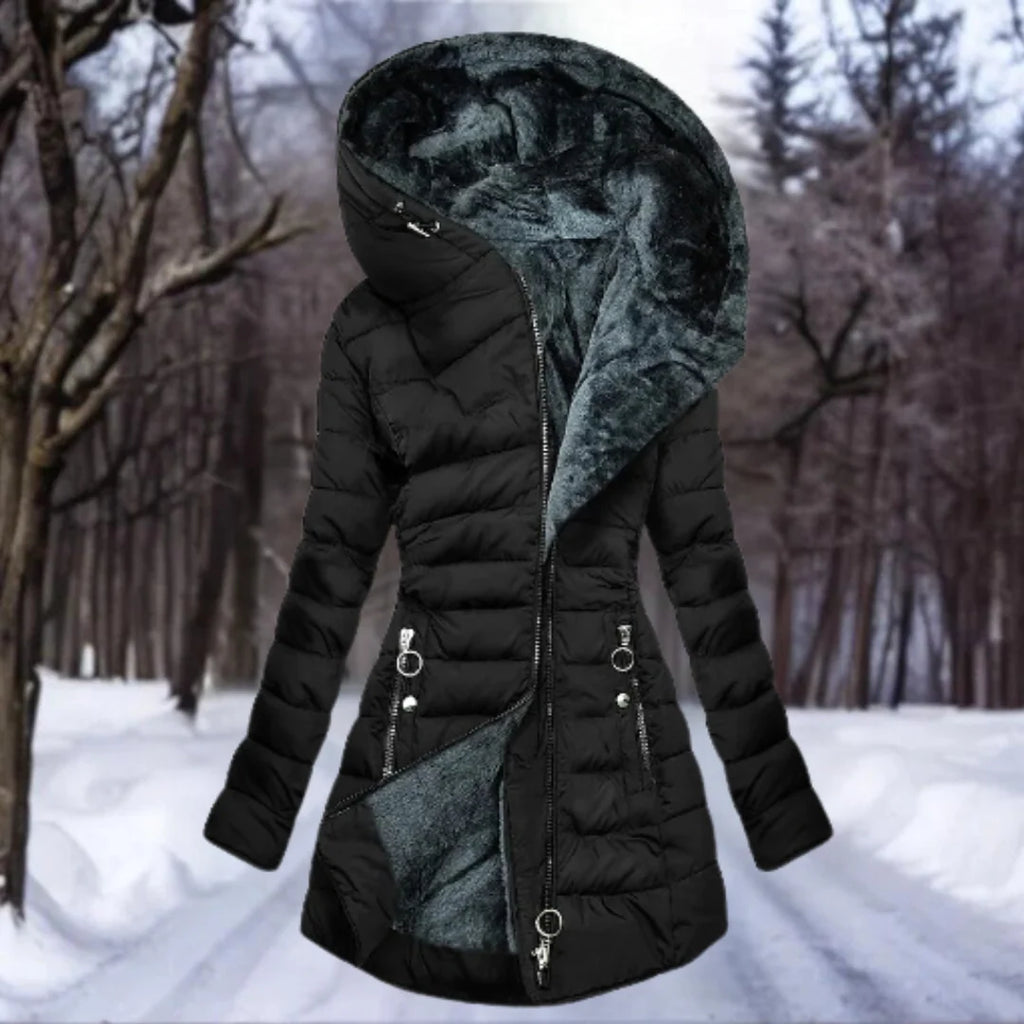 Women's quilted puffer jacket displayed flat showing full-length sleeves and fitted waist