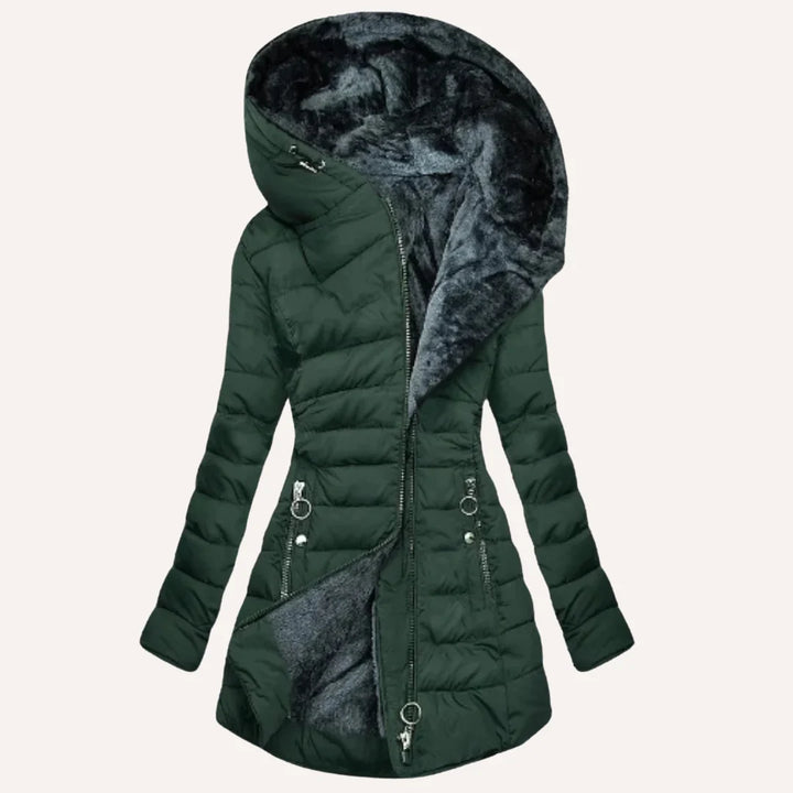 Back view of women's puffer jacket highlighting quilted construction and structured fit
