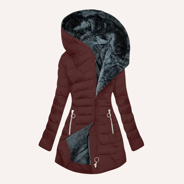 Full front view of women's puffer jacket with oversized collar and asymmetric zip design