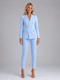 Women's tailored blazer trouser suit set in light blue with double-breasted gold buttons and slim-leg trousers