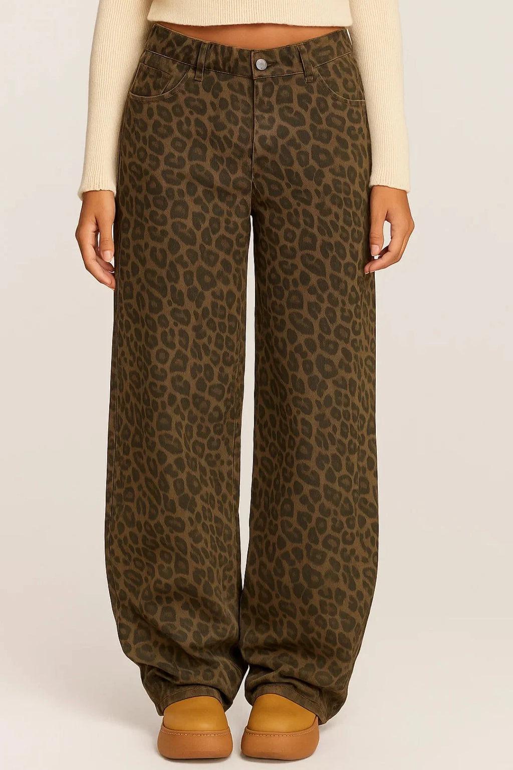 Front view of women's wide leg leopard print trousers with high waist and relaxed fit