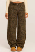 Front view of women's wide leg leopard print trousers with high waist and relaxed fit