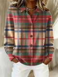 Women's checked knit shirt in multicoloured tartan pattern with red, green, beige, and blue tones, featuring collared neckline and button-front closure